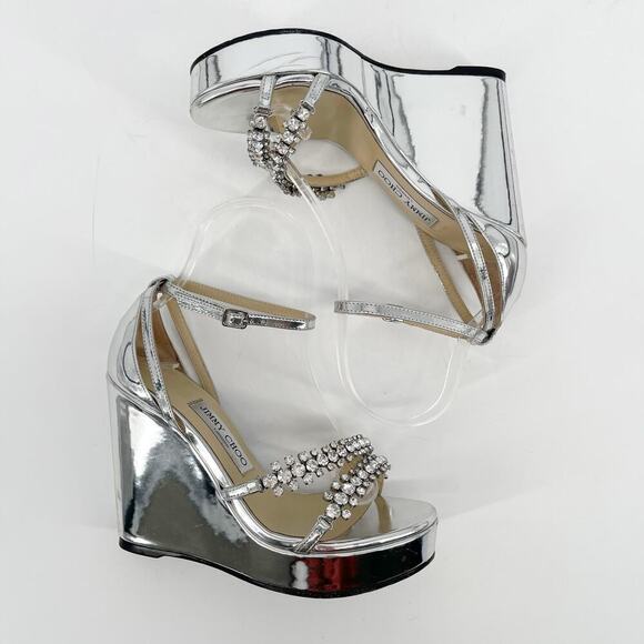 Jimmy Choo Silver Metallic Bing 120 Crystal Embellished Wedge Sandal size IT 37 - Picture 4 of 15